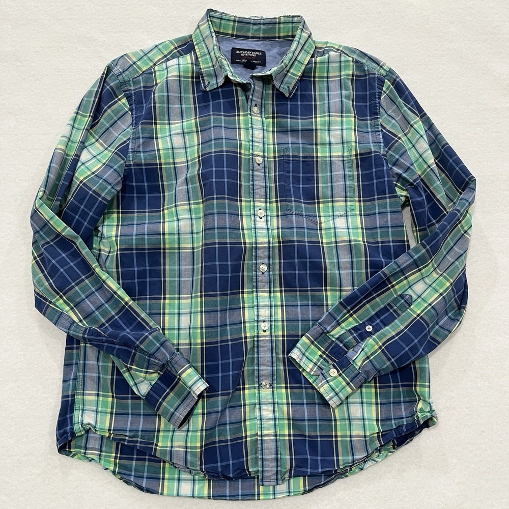 American Eagle Button Down Shirt Mens Large Plaid Long Sleeve Preppy Y2K 90s